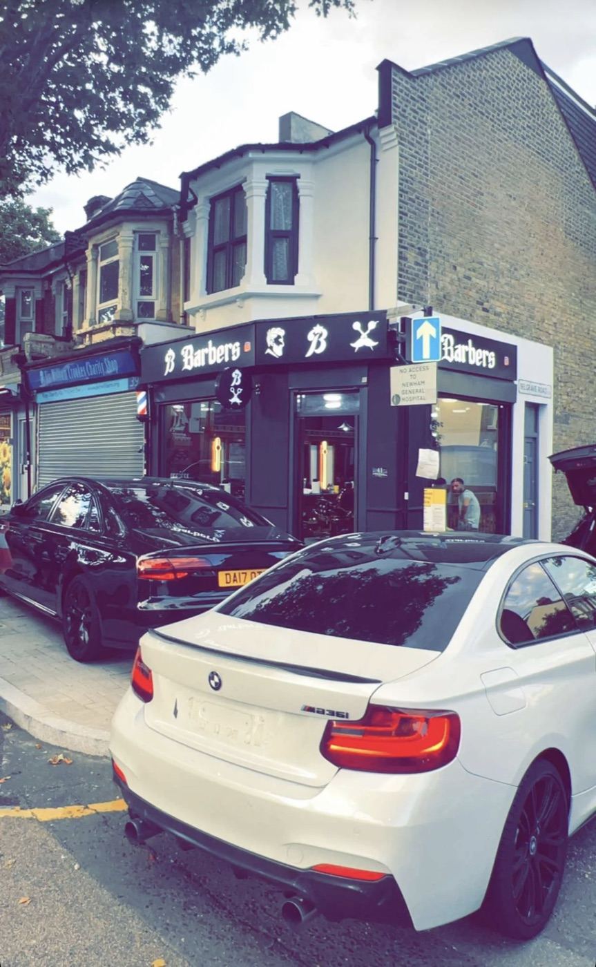 Bstar Barber's B Barbers shopfront on the corner of Prince Regent Lane, Plaistow